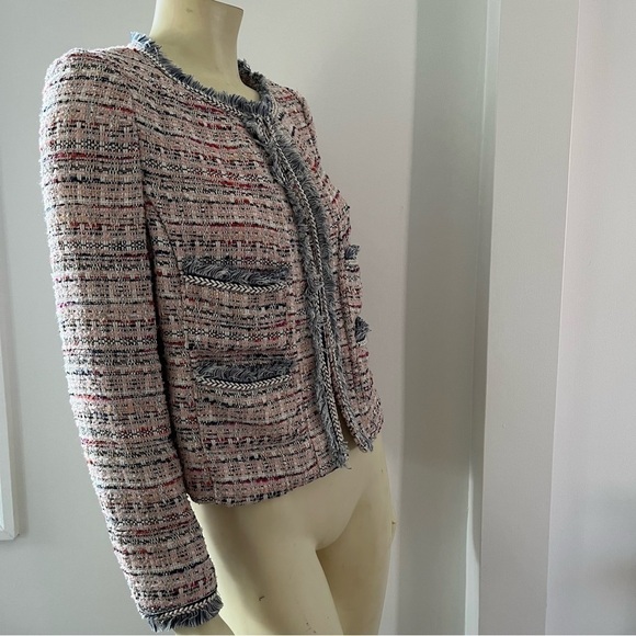 525 America Women’s Pink Cream Gold Tweed Fringe Jacket Blazer BohoGlam Barbie M - Picture 3 of 16